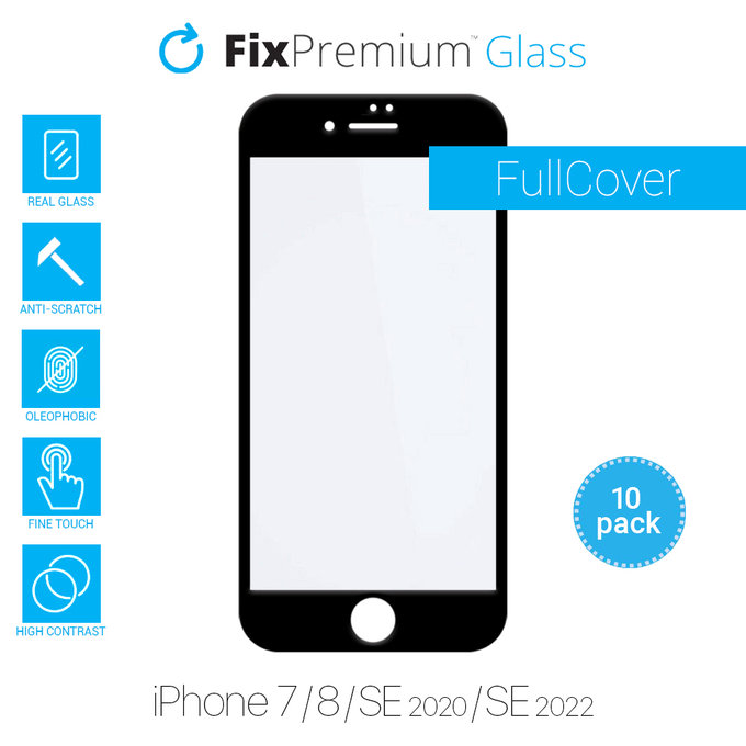 Закалено стъкло FullCover за iPhone 7, 8, SE 2020 и SE 2022 (10 Pack), FixPremium