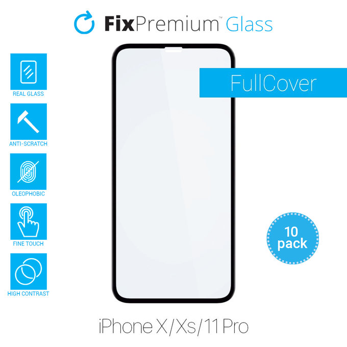Закалено стъкло FullCover за iPhone X, XS и 11 Pro (10 Pack), FixPremium
