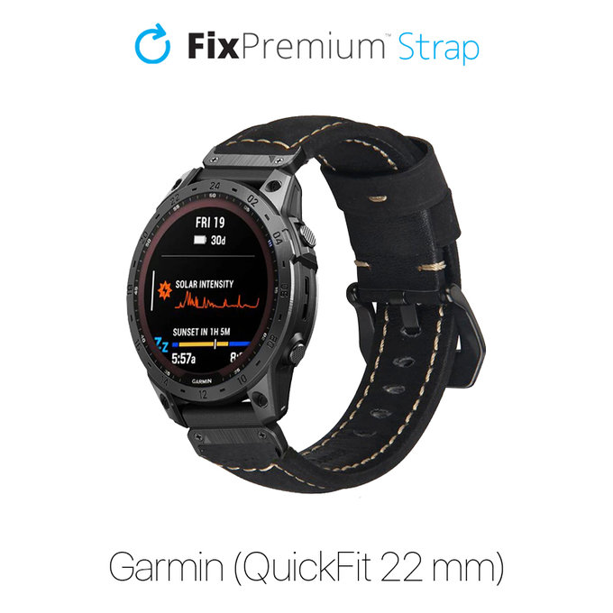 Кожена каишка за Garmin (QuickFit 22mm), Черно, Black, FixPremium