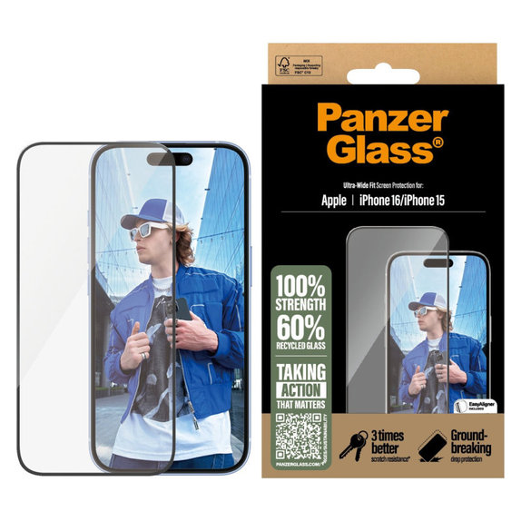 UWF закалено стъкло с апликатор за iPhone 16/15, Черно, PanzerGlass