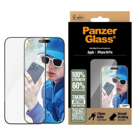 Закалено стъкло UWF с апликатор за iPhone 16 Pro, Черно, PanzerGlass