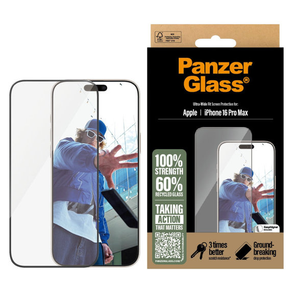 Закалено стъкло UWF с апликатор за iPhone 16 Pro Max, Черно, PanzerGlass