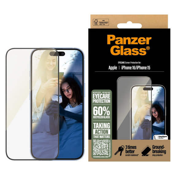 Закалено стъкло UWF Eyecare с апликатор за iPhone 16/15, Черно, PanzerGlass