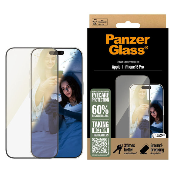 Закалено стъкло UWF Eyecare с апликатор за iPhone 16 Pro, Черно, PanzerGlass