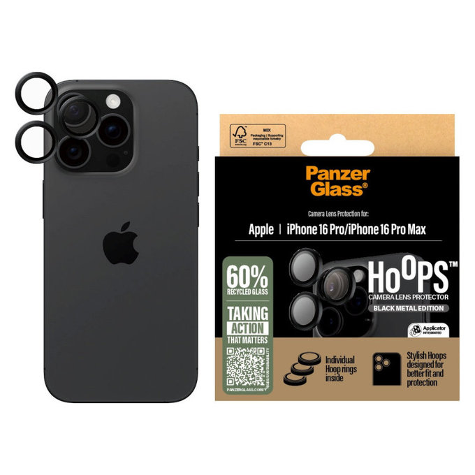 Протектор за обектив на задна камера Hoops за iPhone 16 Pro Max/16 Pro, Черно, PanzerGlass