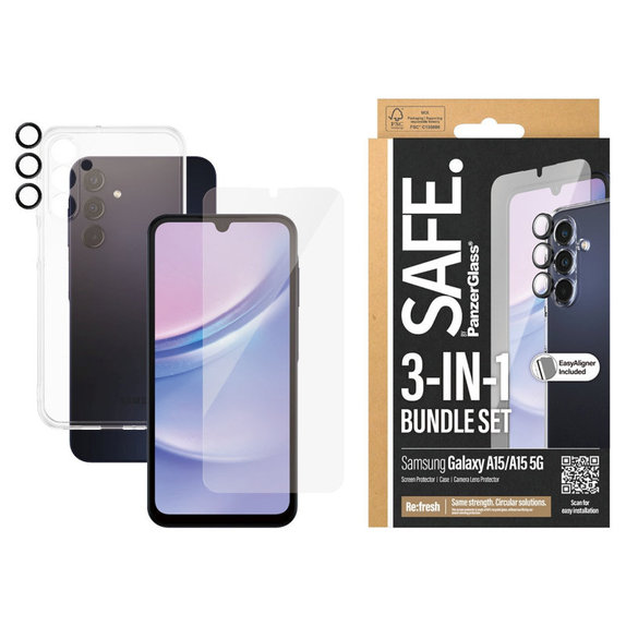 Bundle протектор за обектив на камера + UWF закалено стъкло + TPU калъф за Samsung A15 5G, SAFE