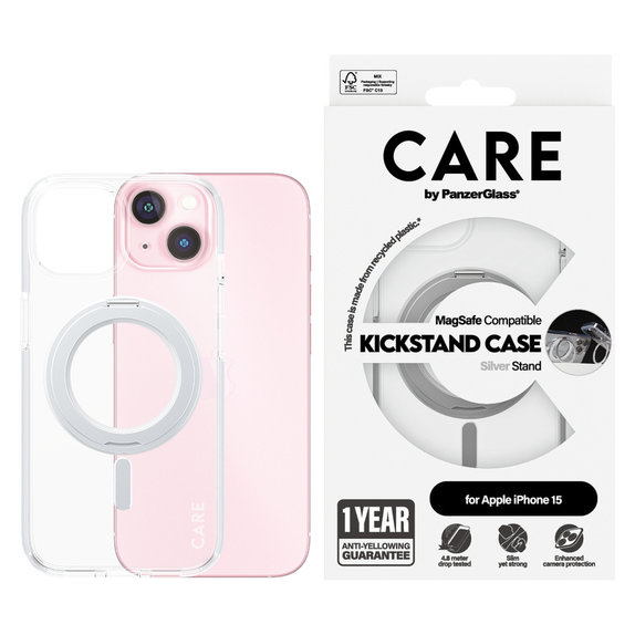 Калъф Kickstand с MagSAFE by PanzerGlass за iPhone 15, Сребристо, PanzerGlass