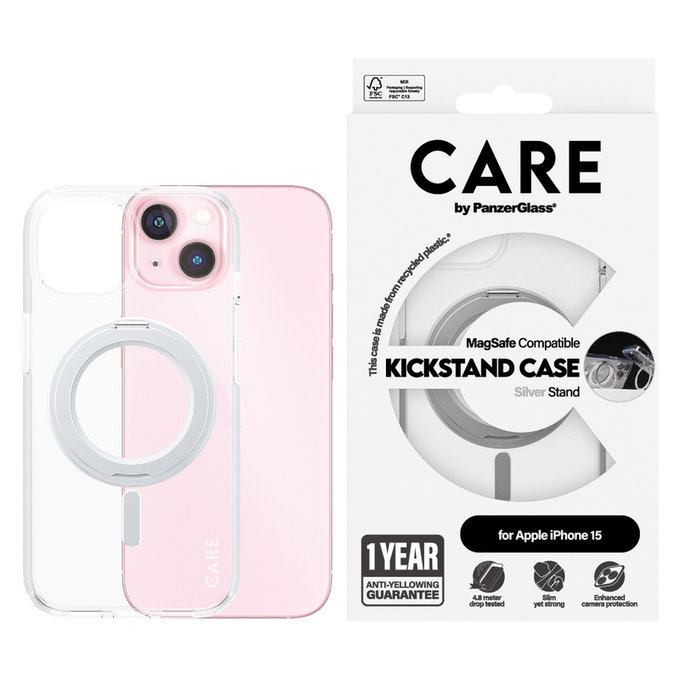 Калъф Kickstand с MagSAFE by PanzerGlass за iPhone 15, Сребристо, PanzerGlass