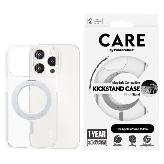 Калъф Kickstand с MagSAFE by PanzerGlass за iPhone 15 Pro, Сребристо, PanzerGlass