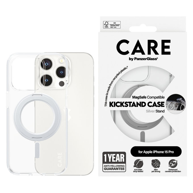 Калъф Kickstand с MagSAFE by PanzerGlass за iPhone 15 Pro, Сребристо, PanzerGlass
