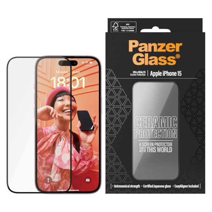 Закалено стъкло UWF Ceramic с апликатор за iPhone 15, Черно, PanzerGlass