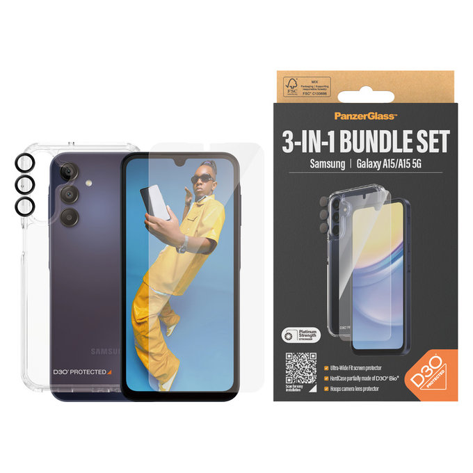 Bundle Hoops + Закалено стъкло UWF + Hard Case D3O за Samsung Galaxy A15/A15 5G, PanzerGlass