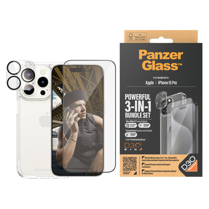Bundle PicturePerfect + Закалено стъкло UWF + Hard Case D3O за iPhone 15 Pro, PanzerGlass