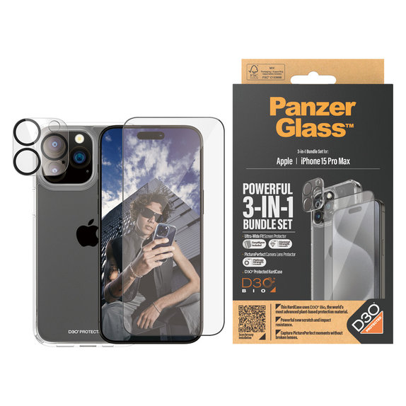 Bundle PicturePerfect + Закалено стъкло UWF + Hard Case D3O за iPhone 15 Pro Max, PanzerGlass