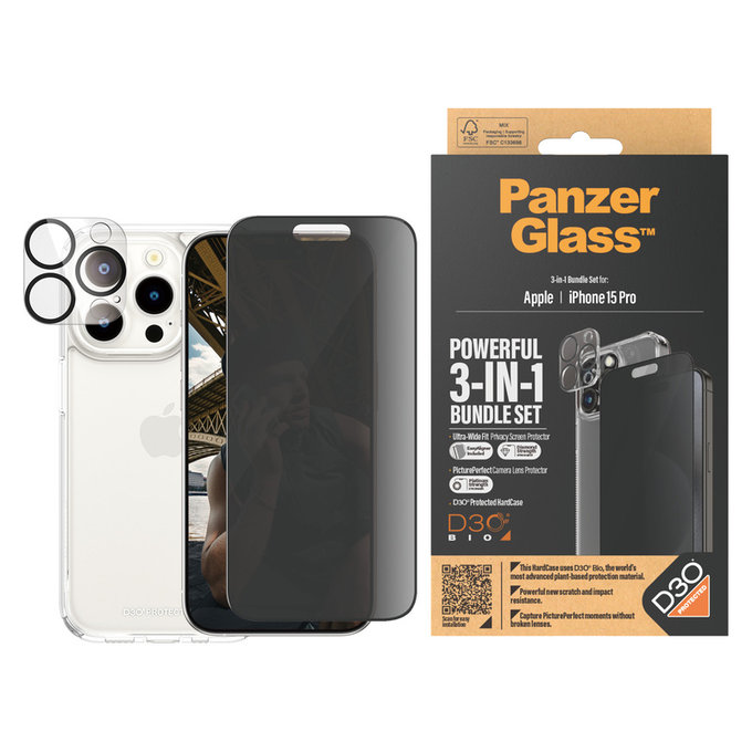 Bundle PicturePerfect + Закалено стъкло UWF Privacy + Hard Case D3O за iPhone 15 Pro, PanzerGlass