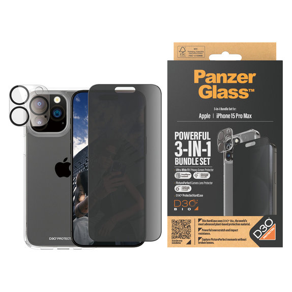 Bundle PicturePerfect + Закалено стъкло UWF Privacy + Hard Case D3O за iPhone 15 Pro Max, PanzerGlass