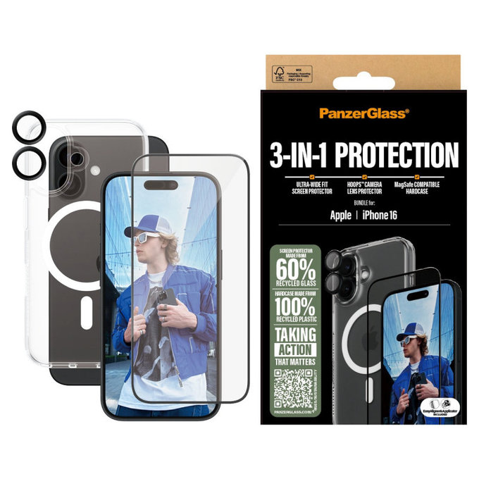 Bundle 3 в 1 Hoops + UWF закалено стъкло + Hard Case за iPhone 16, PanzerGlass