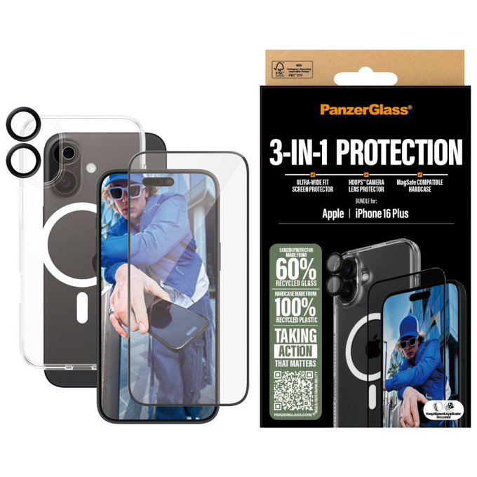 Bundle Hoops + Закалено стъкло UWF + Hard Case за iPhone 16 Plus, PanzerGlass