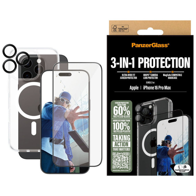 Bundle Hoops + Закалено стъкло UWF + Hard Case за iPhone 16 Pro Max, PanzerGlass