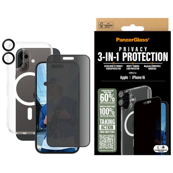 Bundle Hoops + Закалено стъкло UWF Privacy + Hard Case за iPhone 16, PanzerGlass