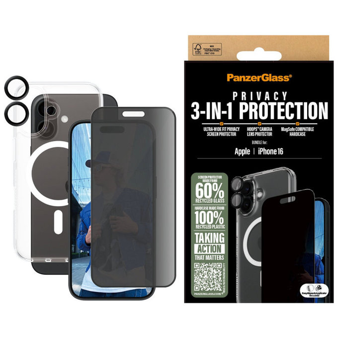 Bundle Hoops + Закалено стъкло UWF Privacy + Hard Case за iPhone 16, PanzerGlass