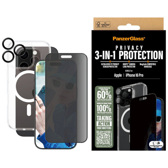 Bundle Hoops + Закалено стъкло UWF Privacy + Hard Case за iPhone 16 Pro, PanzerGlass