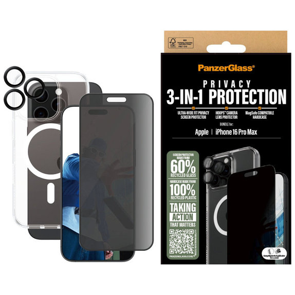 Bundle Hoops + Закалено стъкло UWF Privacy + Hard Case за iPhone 16 Pro Max, PanzerGlass