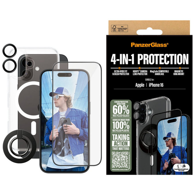 Bundle Hoops + Закалено стъкло UWF + Hard Case + Magnetic Ring Mount за iPhone 16, PanzerGlass