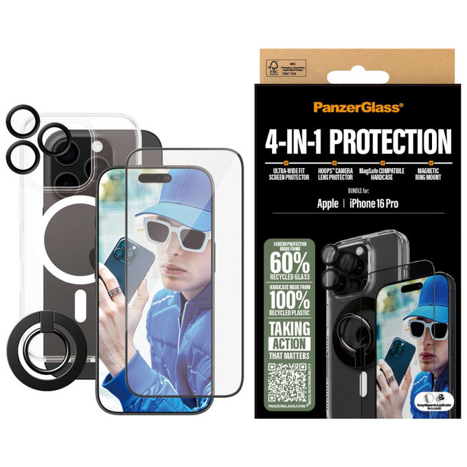 Bundle Hoops + Закалено стъкло UWF + Hard Case + Magnetic Ring Mount за iPhone 16 Pro, PanzerGlass