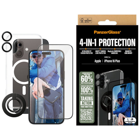 Bundle Hoops + Закалено стъкло UWF + Hard Case + Magnetic Ring Mount за iPhone 16 Plus, PanzerGlass