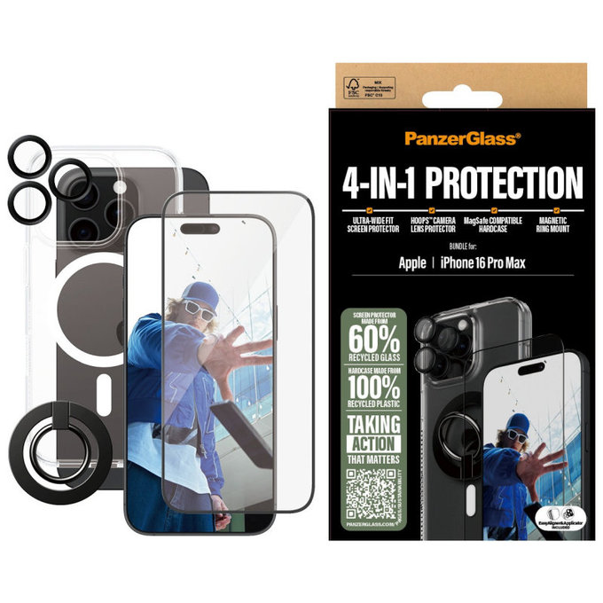 Bundle Hoops + Закалено стъкло UWF + Hard Case + Magnetic Ring Mount за iPhone 16 Pro Max, PanzerGlass