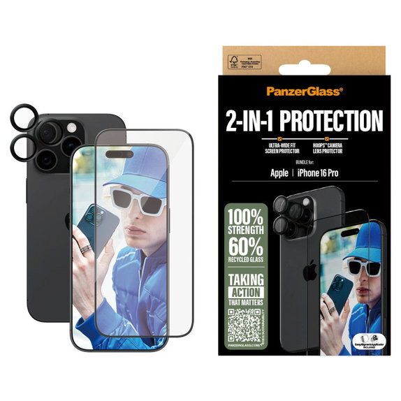 Bundle Hoops + UWF закалено стъкло за iPhone 16 Pro, PanzerGlass