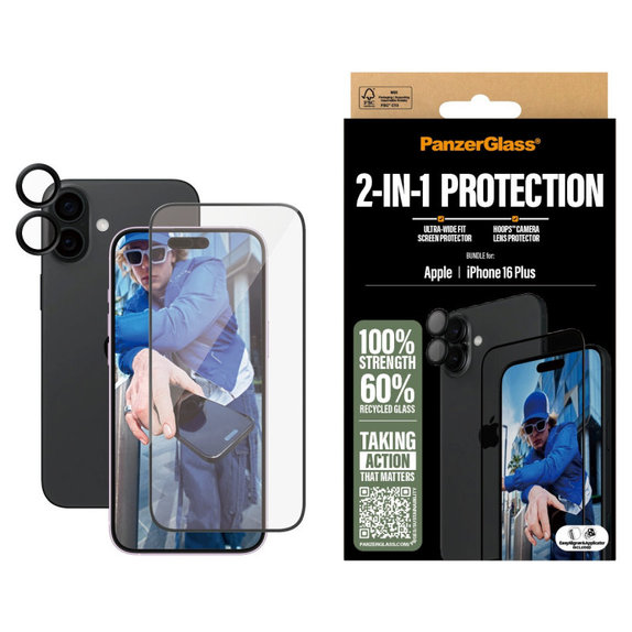 Bundle Hoops + UWF закалено стъкло за iPhone 16 Plus, PanzerGlass