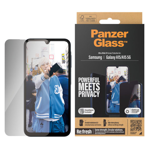Закалено стъкло UWF Privacy с апликатор за Samsung Galaxy A15/A15 5G, Черно, PanzerGlass