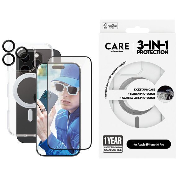Bundle Hoops Ceramic + Закалено стъкло UWF Ceramic + Калъф Kickstand за iPhone 16 Pro, CARE