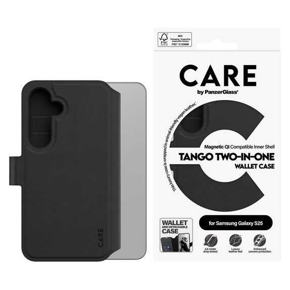 Калъф Wallet Tango Two-In-One с QI за Samsung Galaxy S25, Черно, PanzerGlass