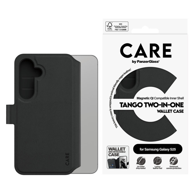 Калъф Wallet Tango Two-In-One с QI за Samsung Galaxy S25, Черно, PanzerGlass