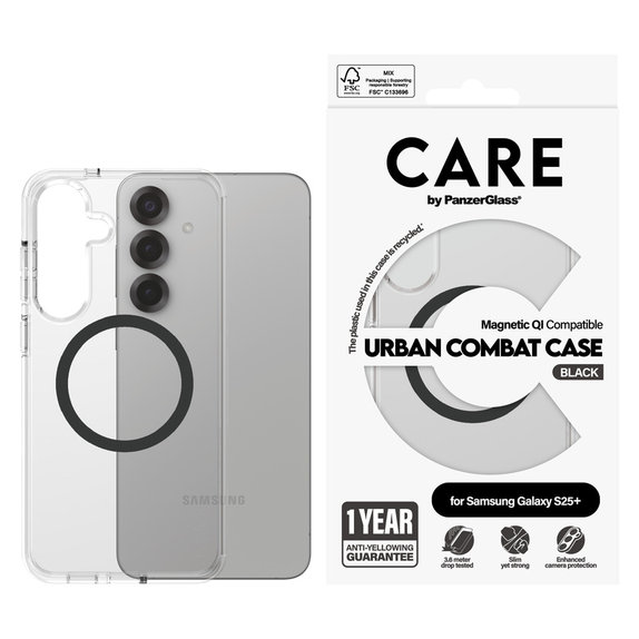 Калъф Urban Combat с черно QI за Samsung Galaxy S25+, Прозрачно, PanzerGlass