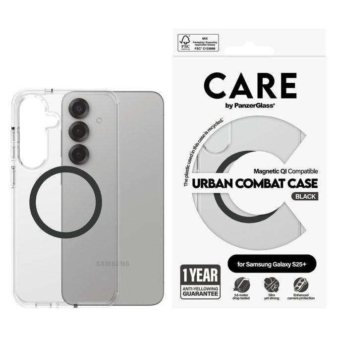 Калъф Urban Combat с черно QI за Samsung Galaxy S25+, Прозрачно, PanzerGlass