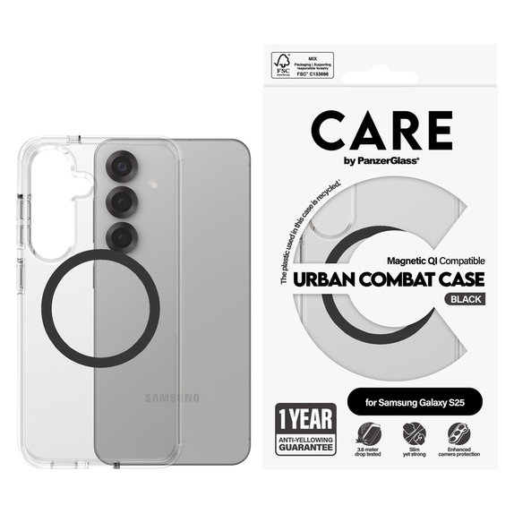 Калъф Urban Combat с черно QI за Samsung Galaxy S25, Прозрачно, PanzerGlass