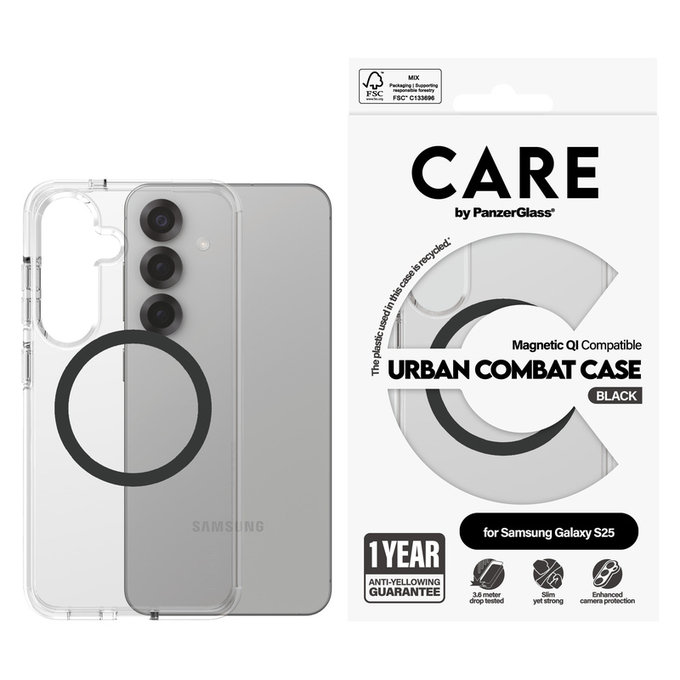 Калъф Urban Combat с черно QI за Samsung Galaxy S25, Прозрачно, PanzerGlass