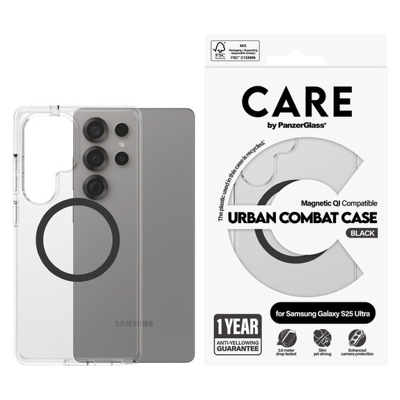 Калъф Urban Combat с черно QI за Samsung Galaxy S25 Ultra, Прозрачно, PanzerGlass