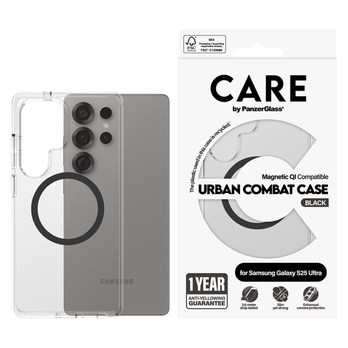 Калъф Urban Combat с черно QI за Samsung Galaxy S25 Ultra, Прозрачно, PanzerGlass
