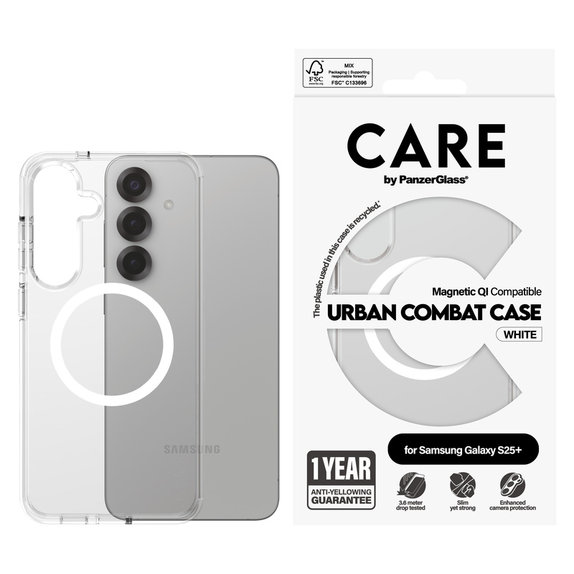 Калъф Urban Combat с бяло QI за Samsung Galaxy S25+, Прозрачно, PanzerGlass