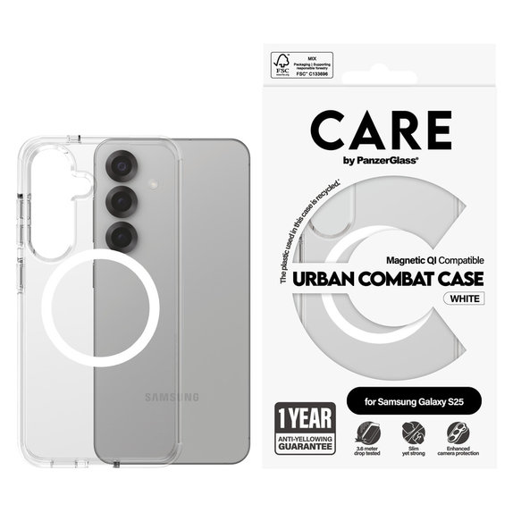 Калъф Urban Combat с бяло QI за Samsung Galaxy S25, Прозрачно, PanzerGlass