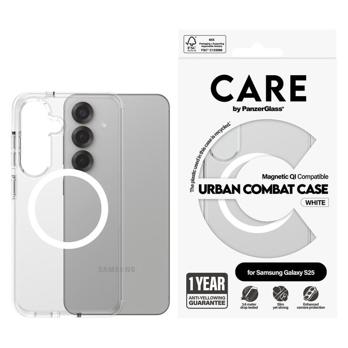 Калъф Urban Combat с бяло QI за Samsung Galaxy S25, Прозрачно, PanzerGlass