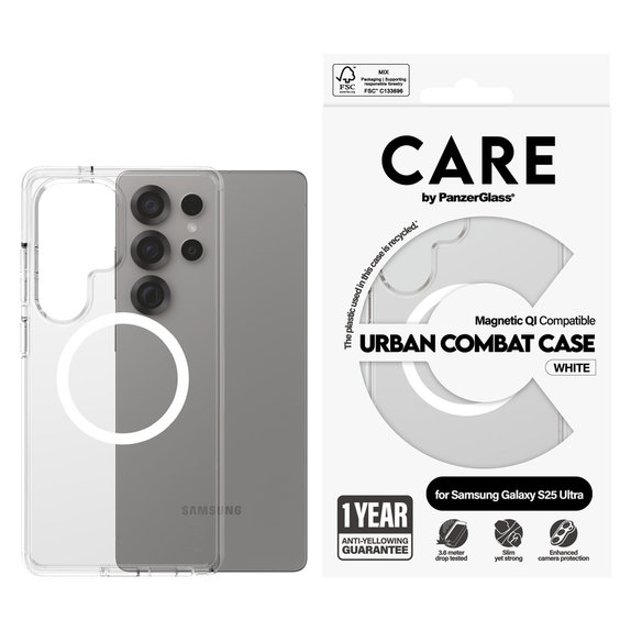 Калъф Urban Combat с бяло QI за Samsung Galaxy S25 Ultra, Прозрачно, PanzerGlass