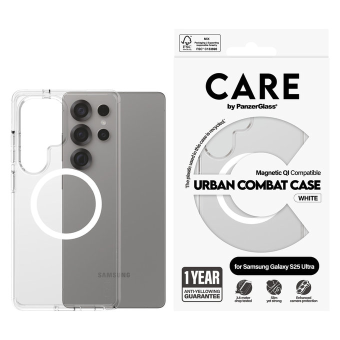 Калъф Urban Combat с бяло QI за Samsung Galaxy S25 Ultra, Прозрачно, PanzerGlass