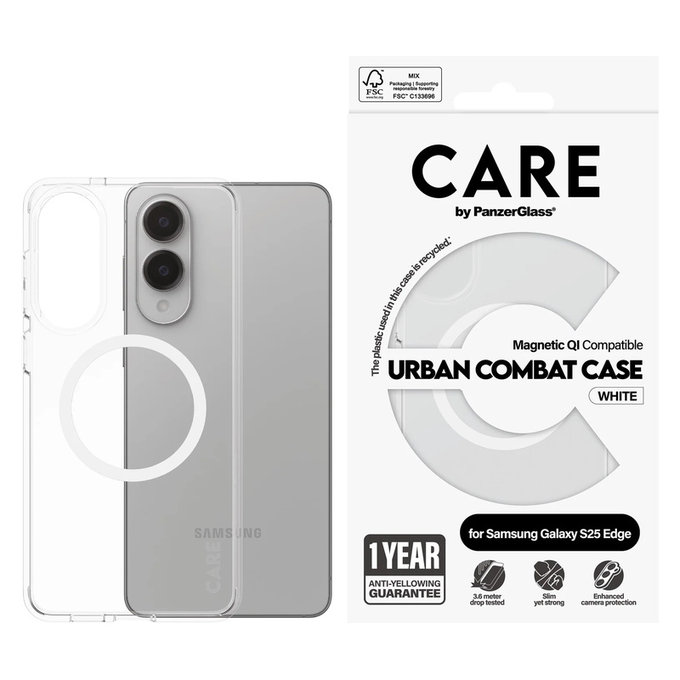 Калъф Urban Combat с бяло QI за Samsung Galaxy S25 Edge, Прозрачно, PanzerGlass