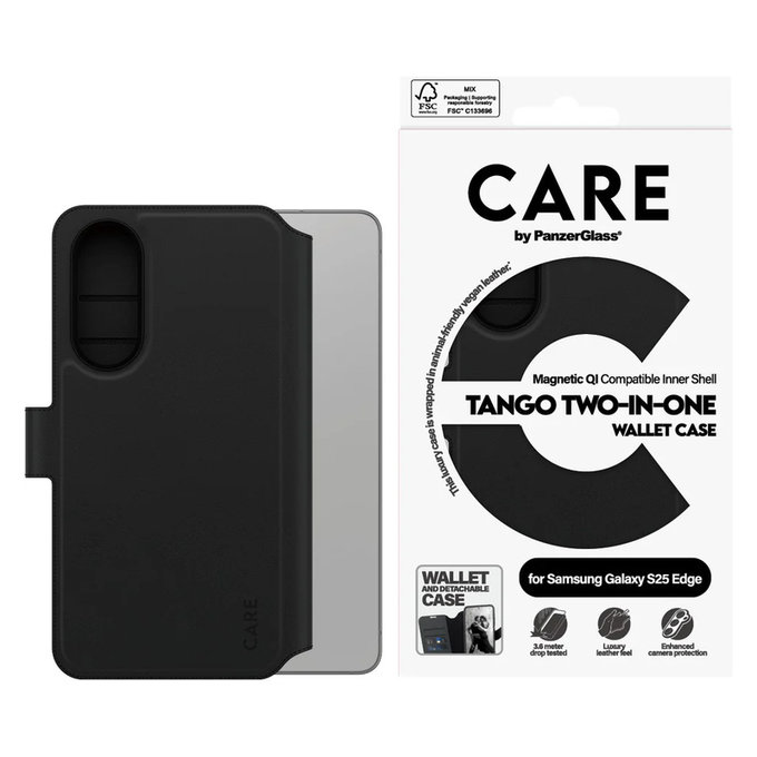 Калъф Wallet Tango Two-In-One с QI за Samsung Galaxy S25 Edge, Черно, PanzerGlass